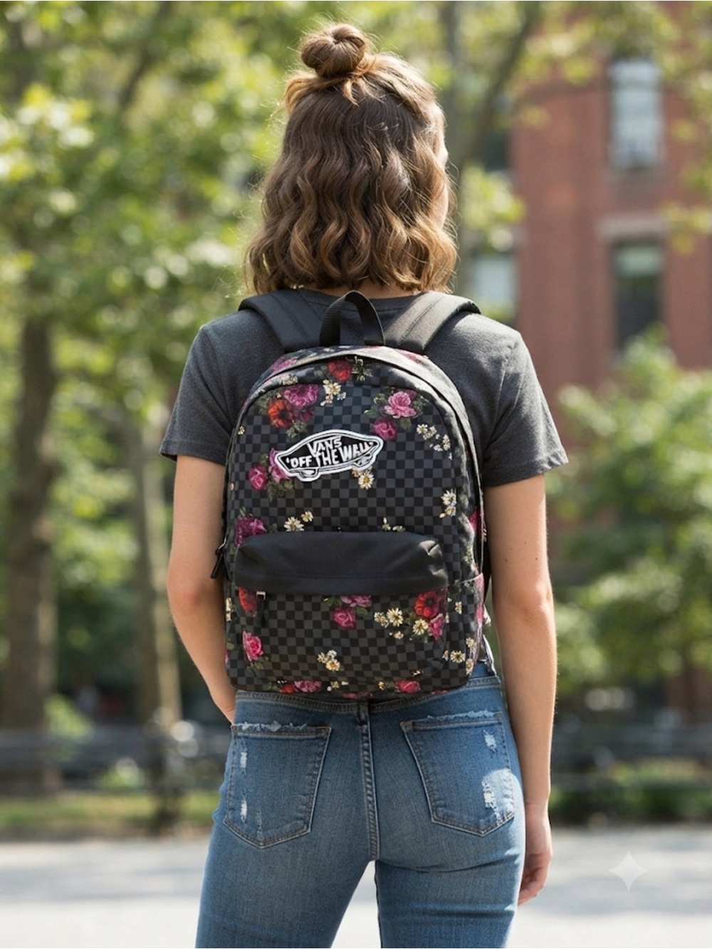 Vans Realm Backpack Black Floral Checkerboard Print